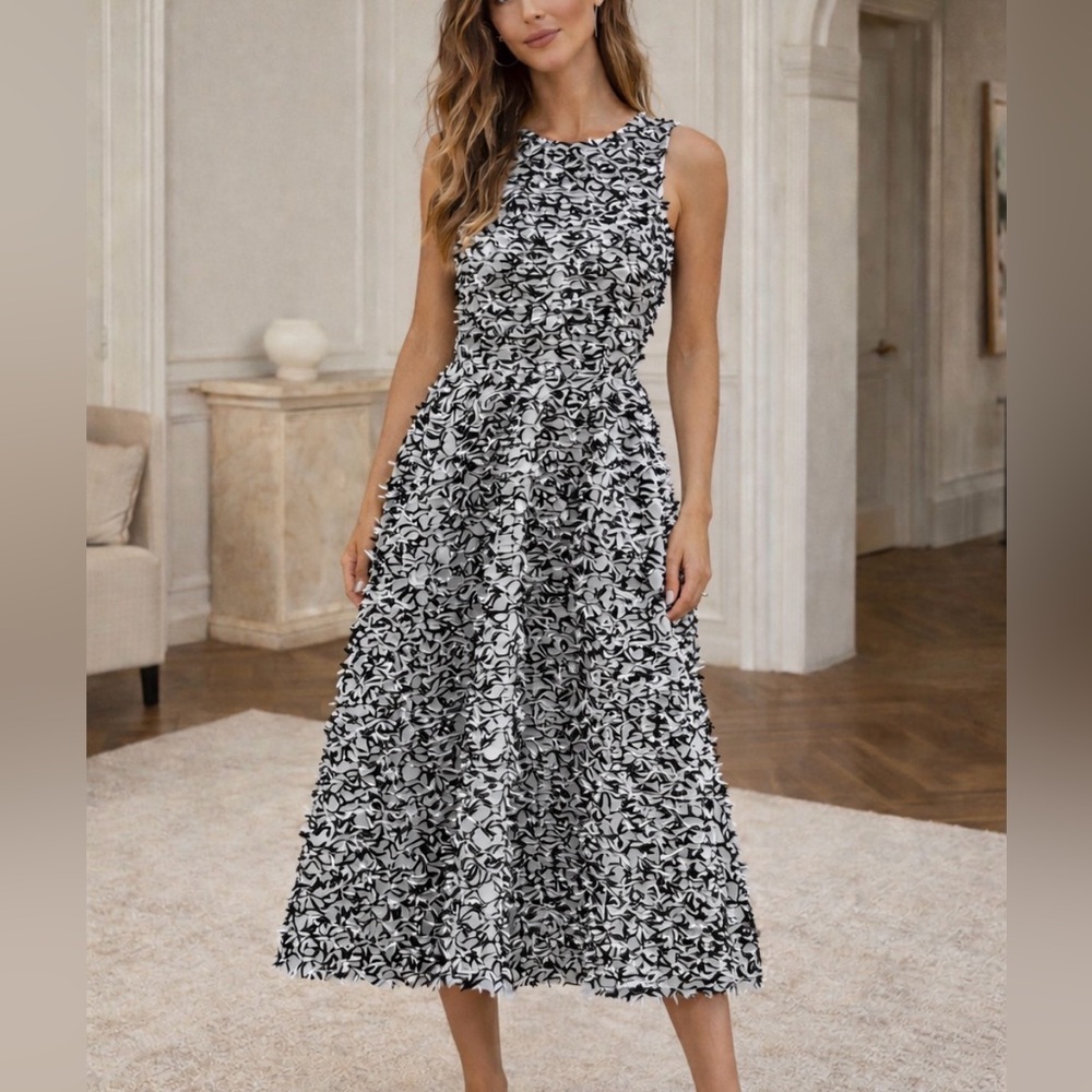 Alice Walk Fringe Textured Midi Dress Women’s Size 4 Sleeveless Black White‎ NWT